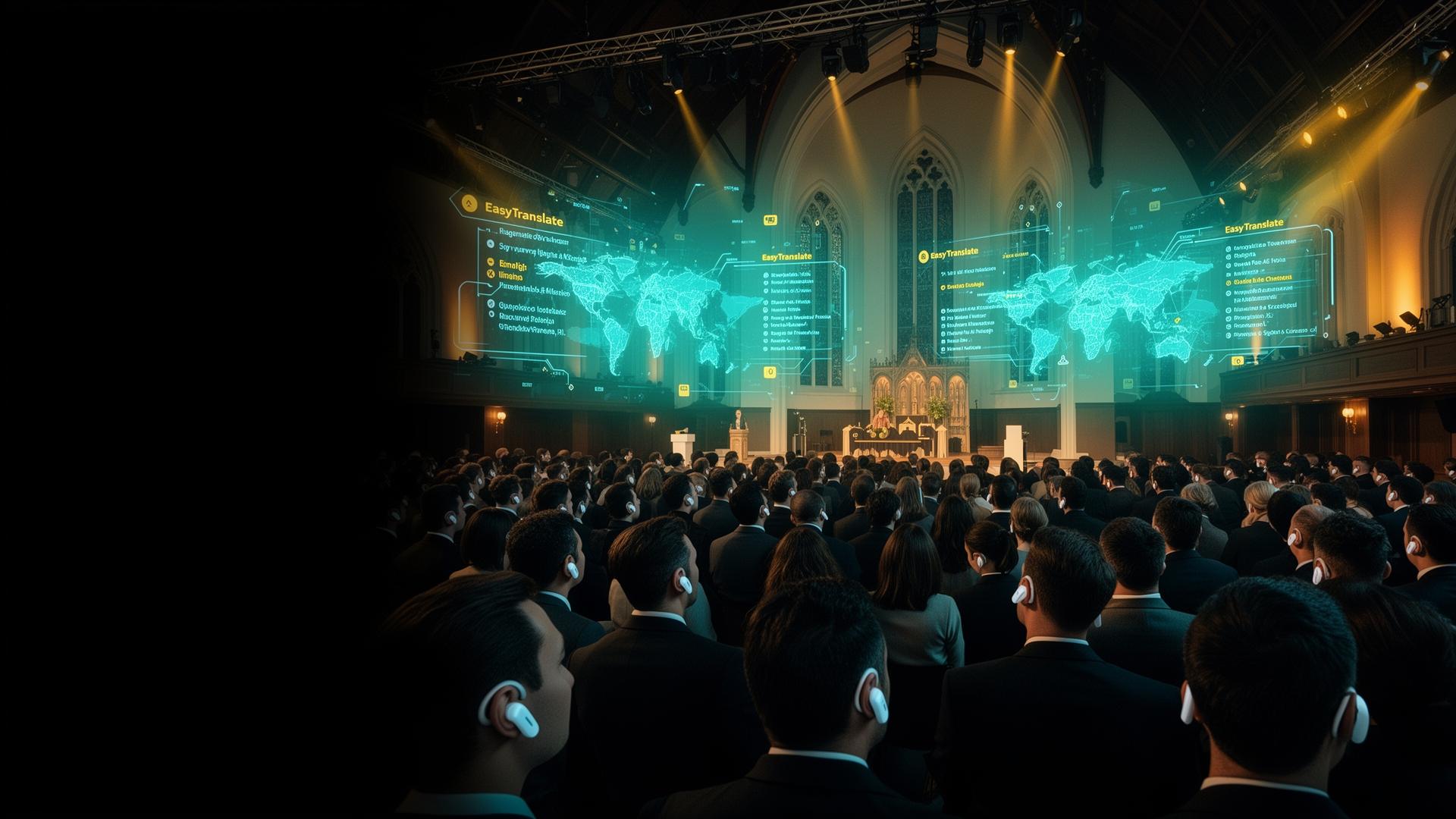 Evento internacional com participantes a receber tradução simultânea por IA